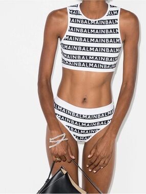 Balmain Black and White Logo Crop Bikini Set